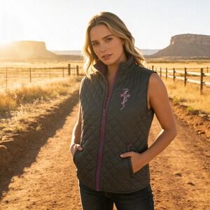 Cowgirl Hardware Womens Quilted Vest Gray Purple Cross Rhinestone Western Large